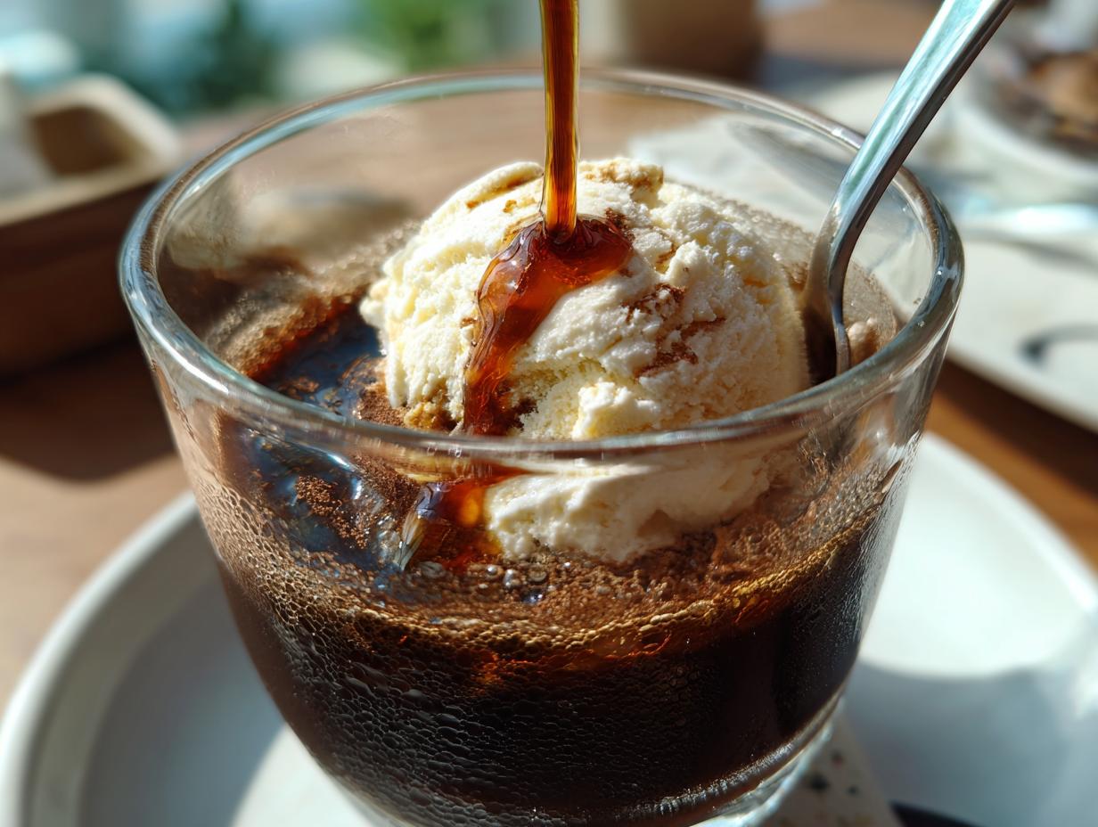Close-up of hot espresso being poured over a scoop of vanilla ice cream in a glass, creating an affogato.