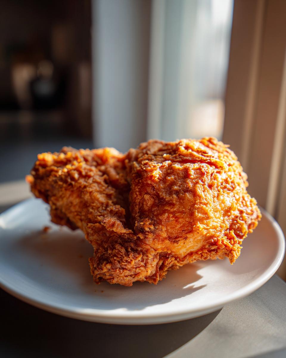 Two pieces of perfectly golden fried chicken resting on a white plate, with a crispy, textured coating.