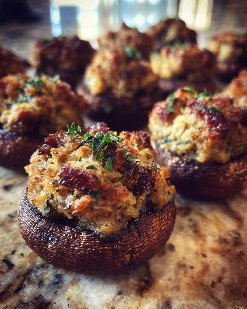 Close-up of delicious stuffed mushrooms, generously filled and topped with fresh parsley.