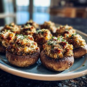A plate of golden brown stuffed mushrooms, topped with breadcrumbs, herbs, and grated cheese.
