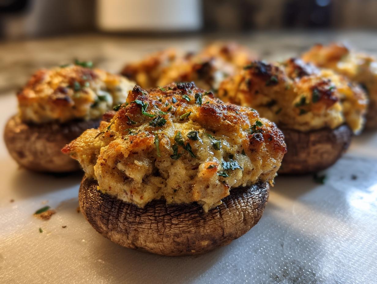 Close-up of golden brown stuffed mushrooms, topped with herbs, ready to be served.