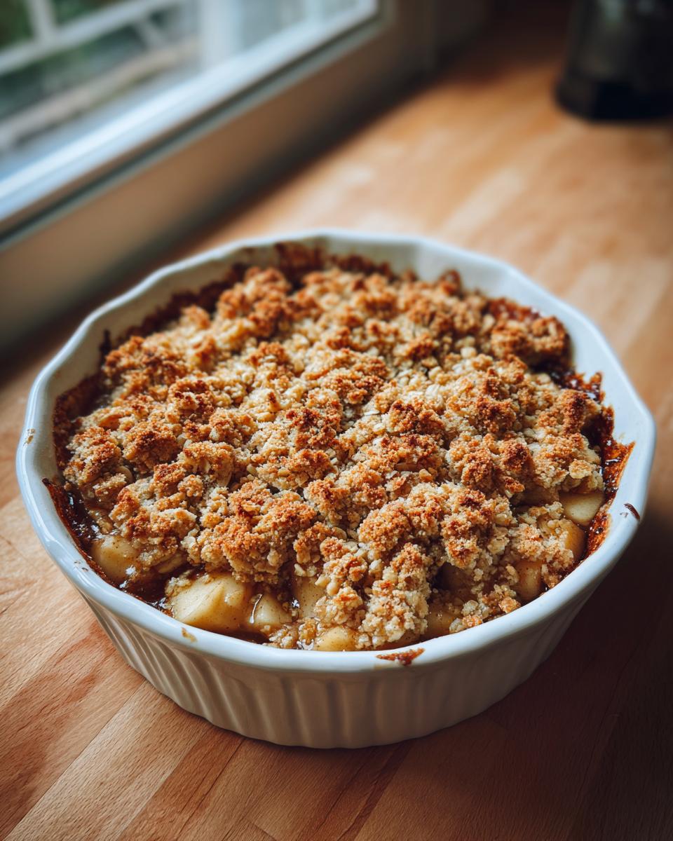 A freshly baked apple crisp in a white baking dish, with a golden brown, crumbly topping and visible apple filling.