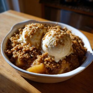 A close-up of a white bowl filled with warm apple crisp topped with two scoops of vanilla ice cream and a sprinkle of crumb topping.