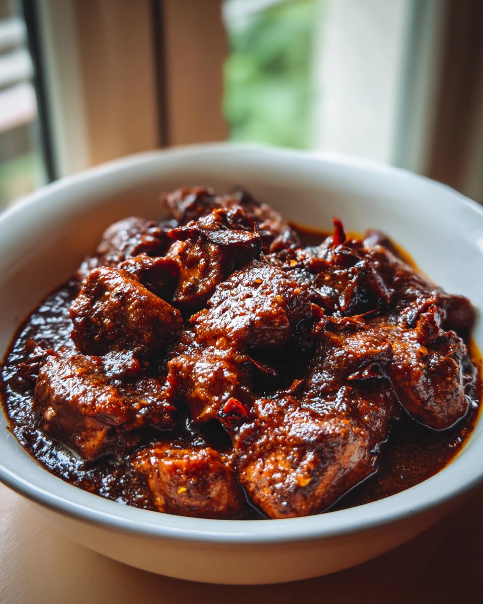 Close-up of a bowl filled with rich, dark Chicken Mole, showcasing tender pieces of chicken coated in a flavorful sauce.