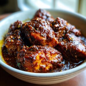 Close-up of tender chicken pieces coated in rich, dark chicken mole sauce in a rustic bowl.