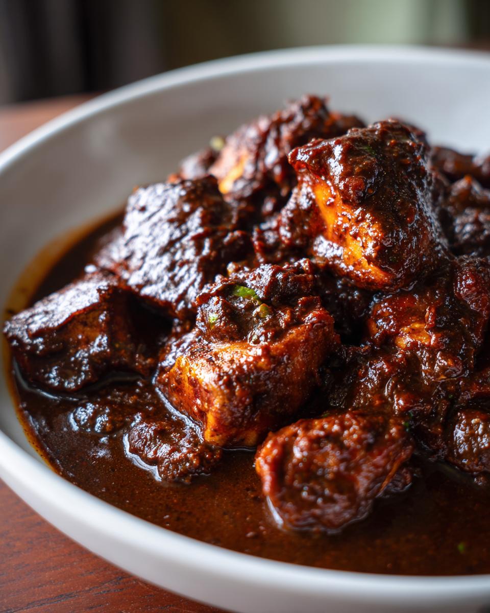 Close-up of tender chicken pieces coated in a rich, dark mole sauce in a white bowl.
