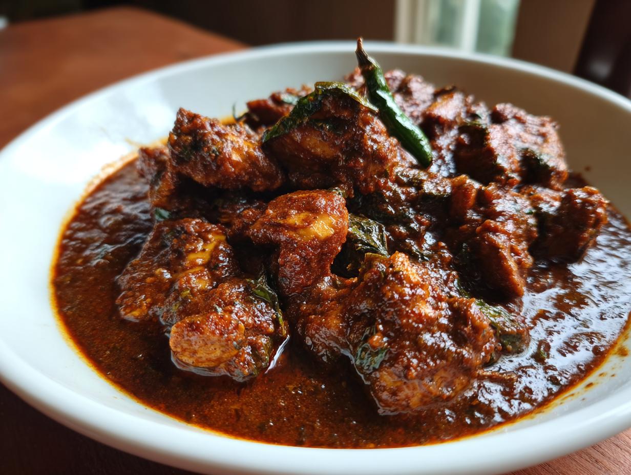 Close-up of a bowl of authentic chicken mole, featuring tender chicken pieces in a rich, dark sauce with hints of spices and herbs.