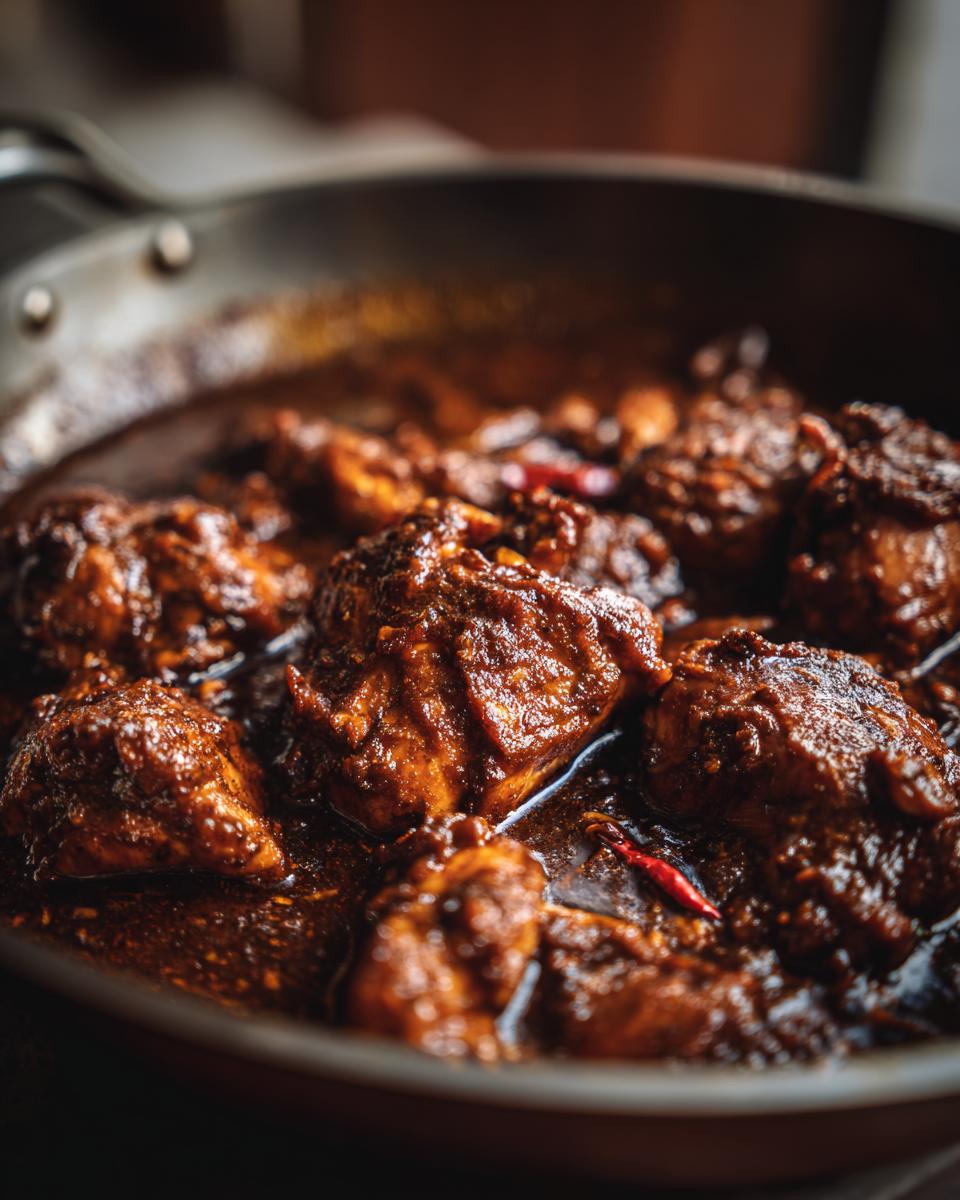 Close-up of tender chicken pieces simmering in a rich, dark mole sauce in a skillet, with visible chili peppers.