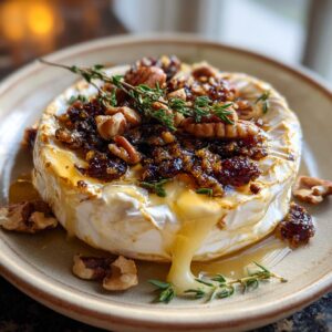 A delicious baked brie topped with nuts, dried fruit, and honey, with cheese oozing out.