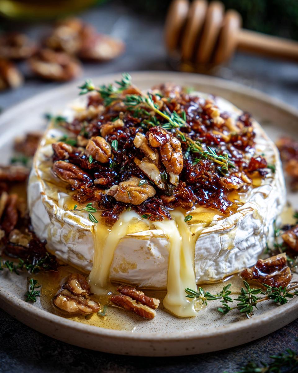 Close-up of a delicious baked brie with melted cheese oozing out, topped with nuts, herbs, and drizzled with honey.