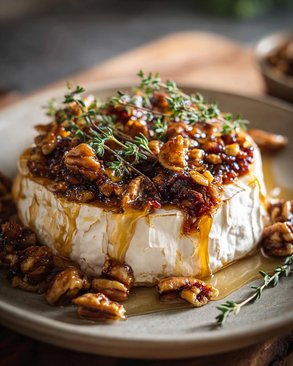 A whole baked brie topped with nuts, jam, and fresh thyme, with honey drizzled over the sides.