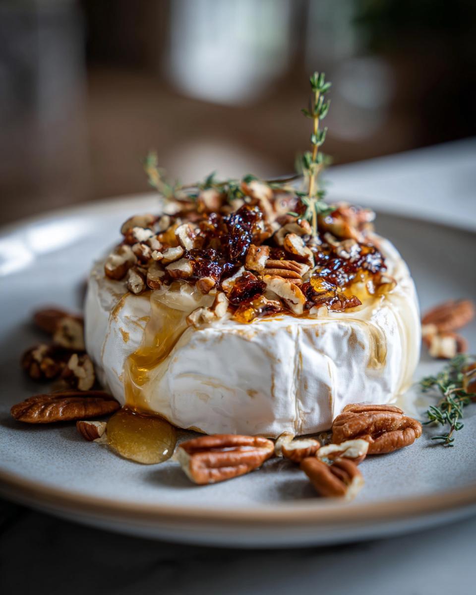 Close-up of a delicious baked brie topped with chopped pecans, jam, and honey, with whole pecans scattered around.