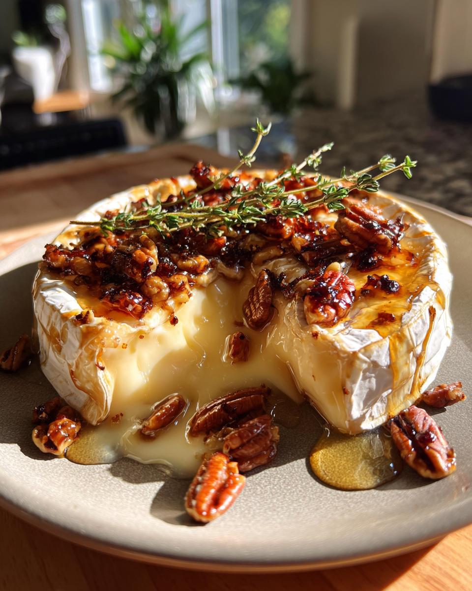 A warm, gooey baked brie topped with pecans, honey, and fresh thyme, with some pecans scattered around the plate.
