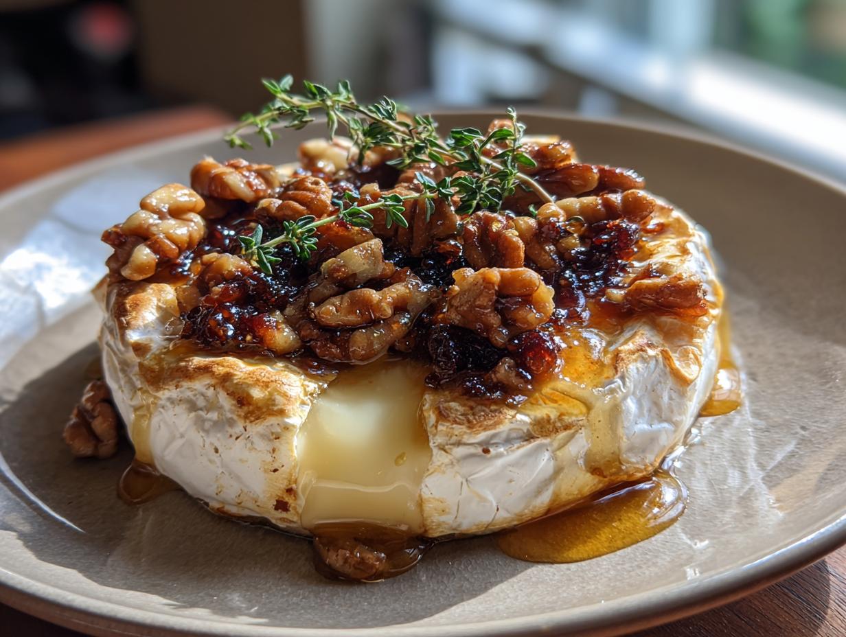 A whole baked brie cheese, topped with walnuts, dried fruit, and fresh thyme, oozing with melted cheese and drizzled with honey.