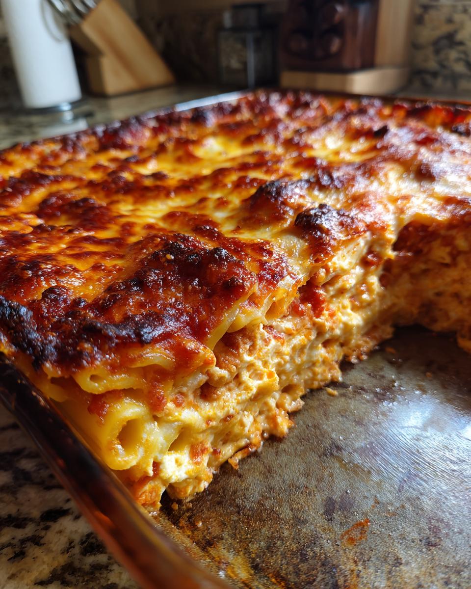 A close-up shot of a freshly baked ziti casserole with bubbly, golden-brown cheese and rich tomato sauce.