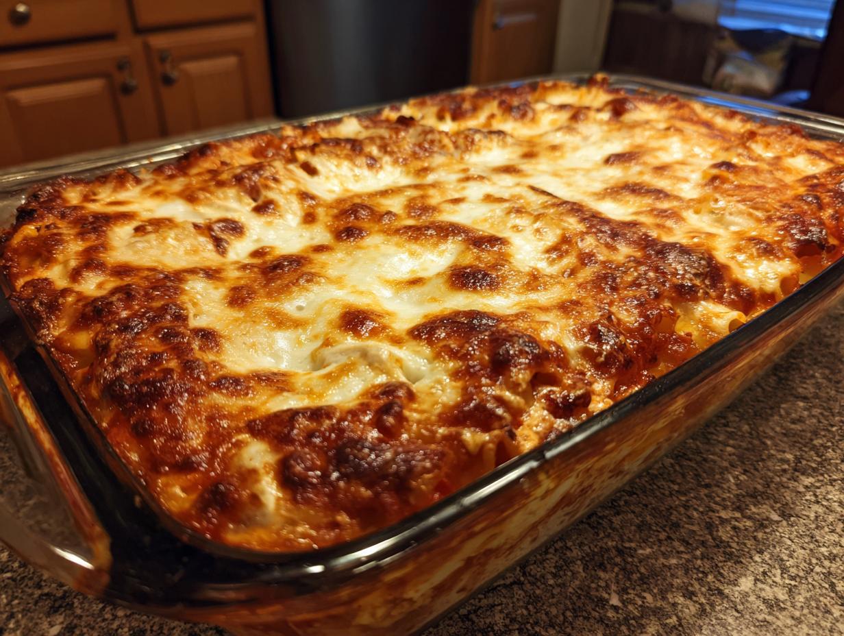 A bubbling, golden brown baked ziti casserole, fresh from the oven, with melted cheese.