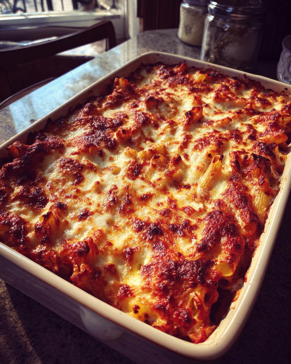 A close-up of a rectangular baking dish filled with golden-brown baked ziti, bubbling with melted cheese and rich tomato sauce.