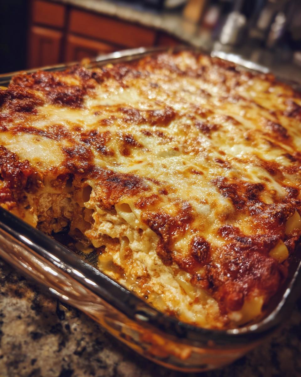 A close-up of a bubbling, golden-brown baked ziti in a glass baking dish, with a serving removed.