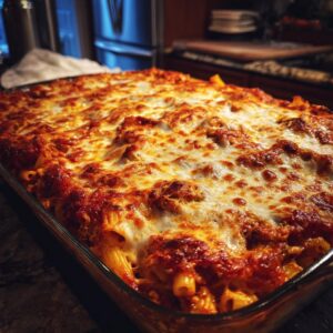 A close-up, overhead view of a bubbling baked ziti casserole with melted, golden-brown cheese and rich tomato sauce.
