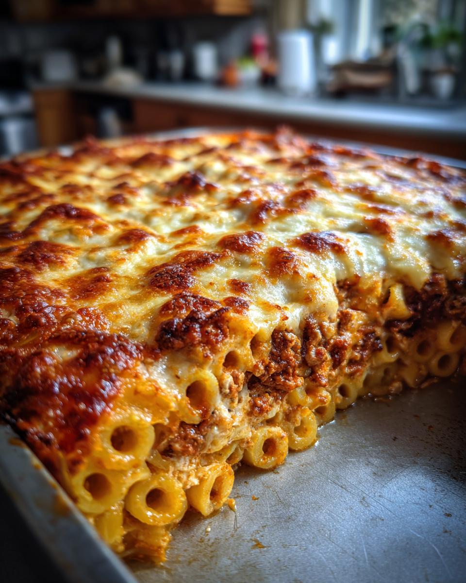 Close-up of a freshly baked ziti in a pan, with golden brown melted cheese and visible pasta tubes.