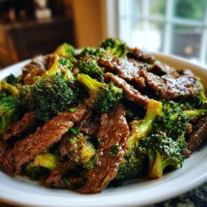 A close-up of a white bowl filled with tender slices of beef and vibrant broccoli florets in a glossy sauce.