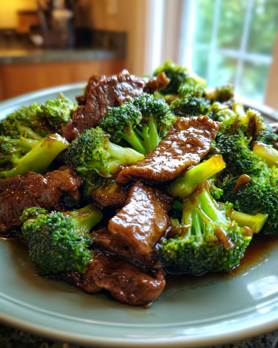 A close-up of a plate filled with tender slices of beef and vibrant green broccoli florets in a glossy sauce.