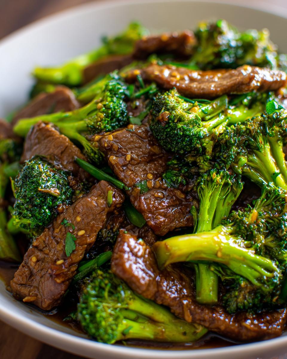 Close-up of tender slices of beef and bright green broccoli florets in a glossy sauce, a classic beef and broccoli dish.