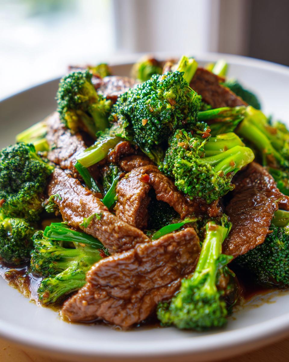 Close-up of a plate filled with tender slices of beef and vibrant green broccoli florets in a savory sauce.