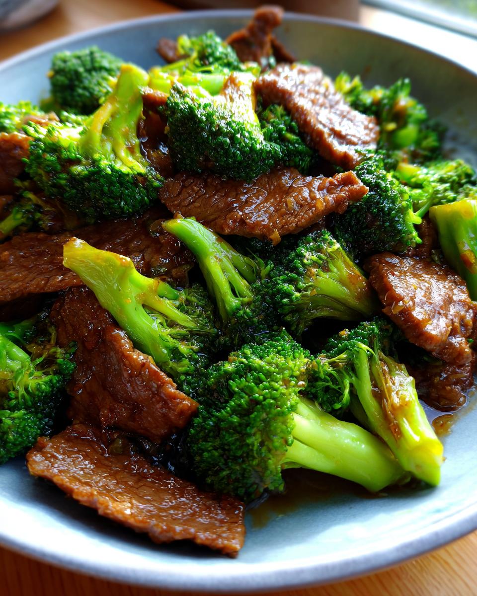 Close-up of a bowl filled with tender slices of beef and vibrant green broccoli florets in a savory sauce.