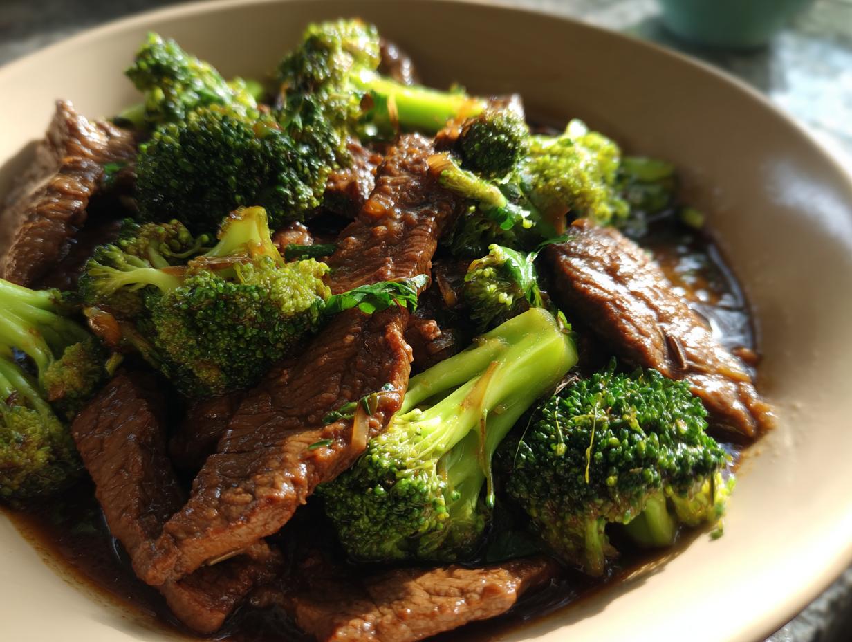 Close-up of a bowl filled with tender slices of beef and vibrant green broccoli florets in a savory sauce.