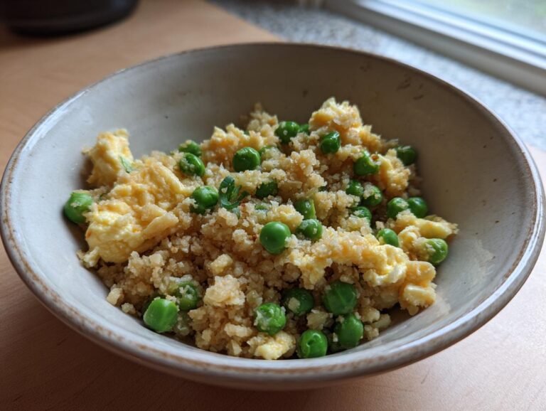 A bowl of Cauliflower Fried Rice with scrambled eggs and bright green peas, garnished with fresh herbs.