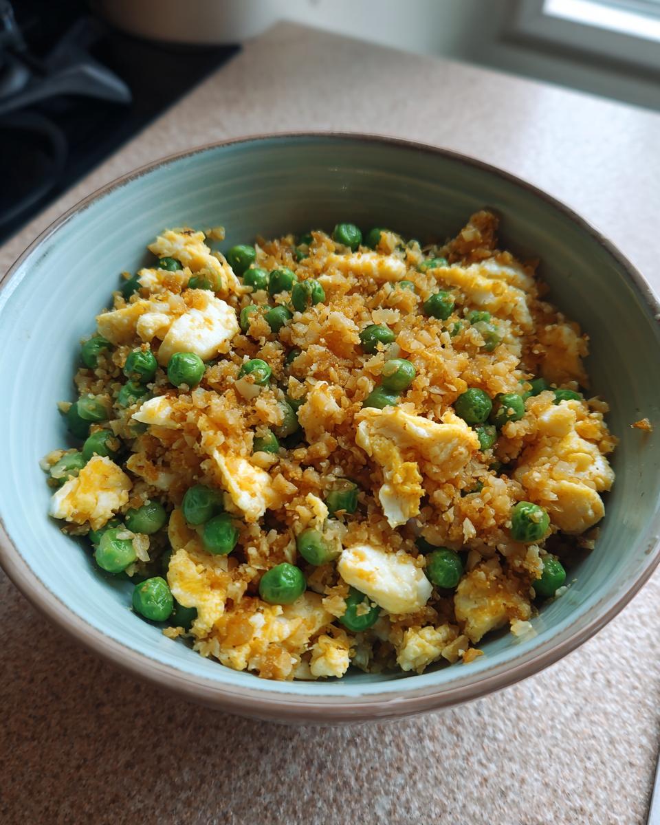 A close-up of a bowl of cauliflower fried rice, featuring scrambled eggs and bright green peas.