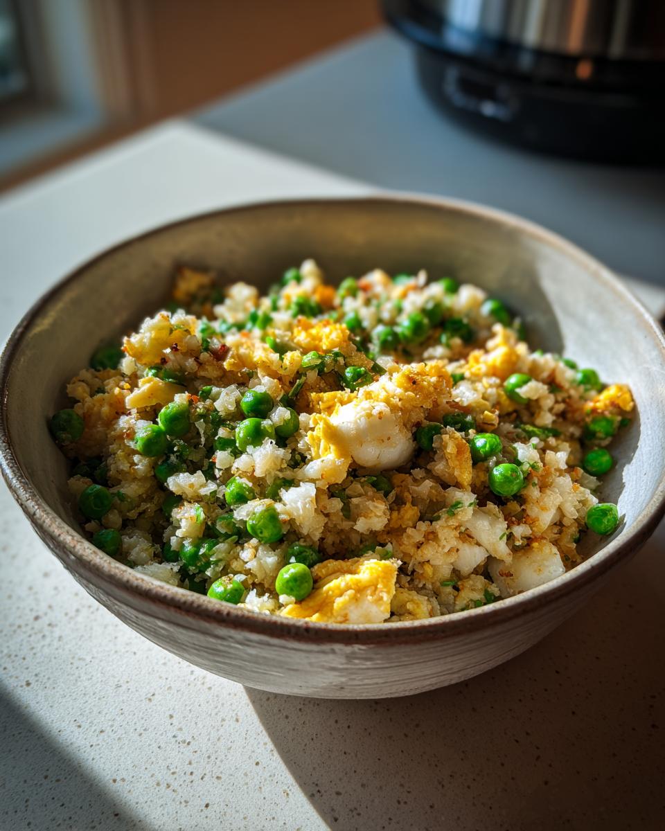 A close-up of a bowl of cauliflower fried rice with bright green peas and scrambled egg pieces.