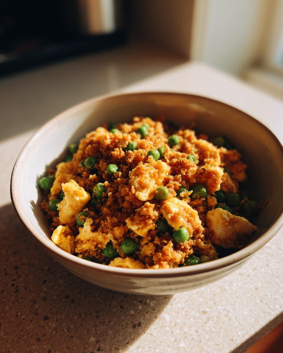 A close-up of a bowl of Cauliflower Fried Rice, featuring scrambled egg pieces and bright green peas.