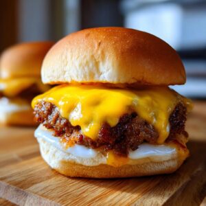 Close-up of a delicious cheeseburger slider with melted cheddar cheese and a juicy patty on a bun.