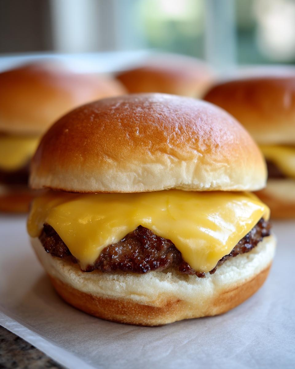 Close-up of a delicious cheeseburger slider with a juicy patty and melted cheddar cheese on a soft bun.