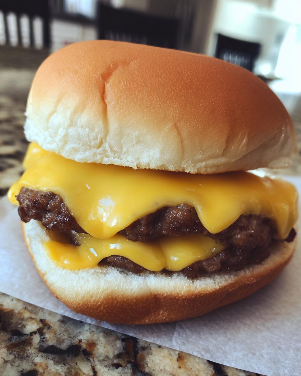 Close-up of two mini cheeseburger sliders stacked with juicy beef patties and melted yellow cheese.