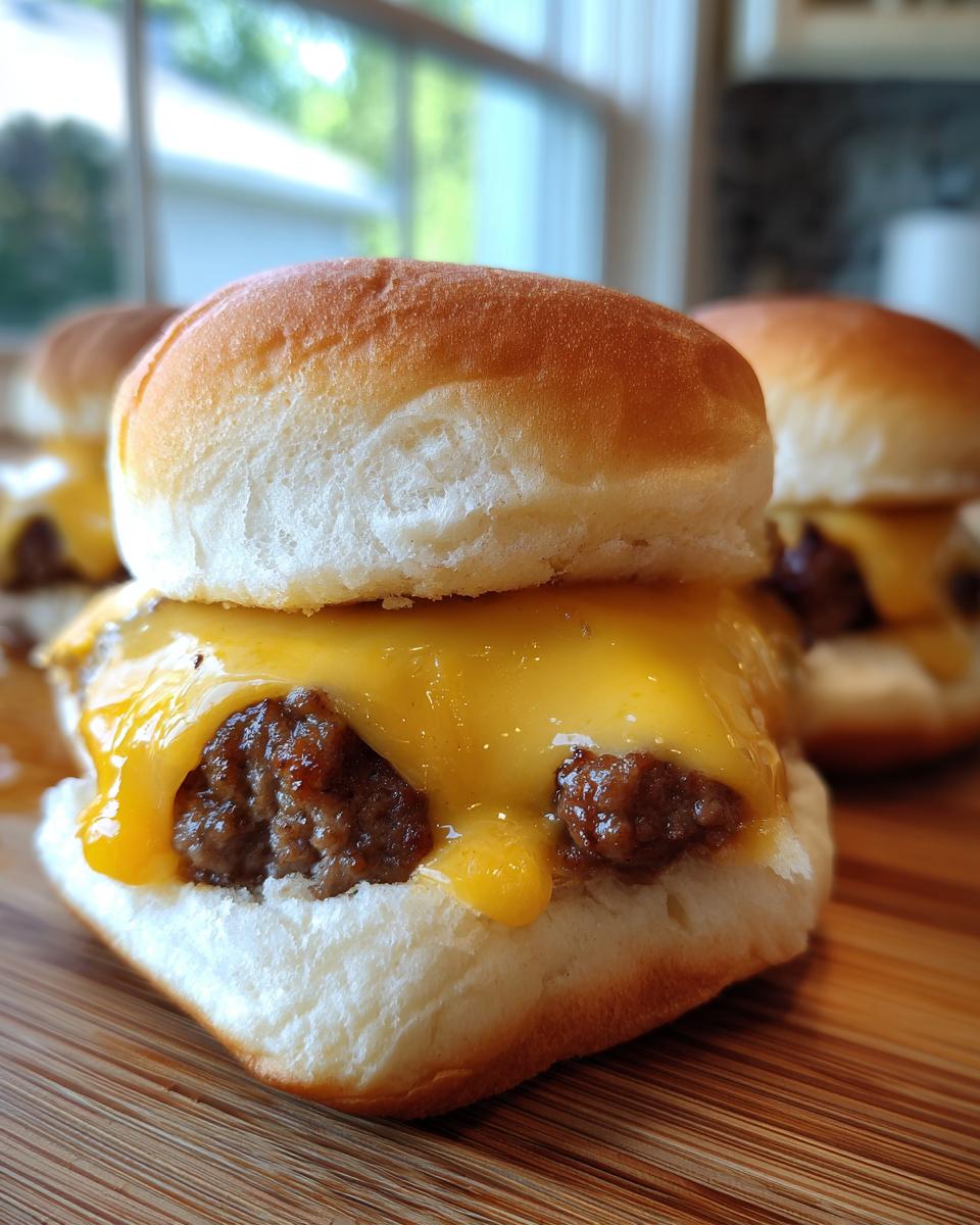 Close-up of delicious cheeseburger sliders with juicy beef patties and melted cheddar cheese on soft buns.