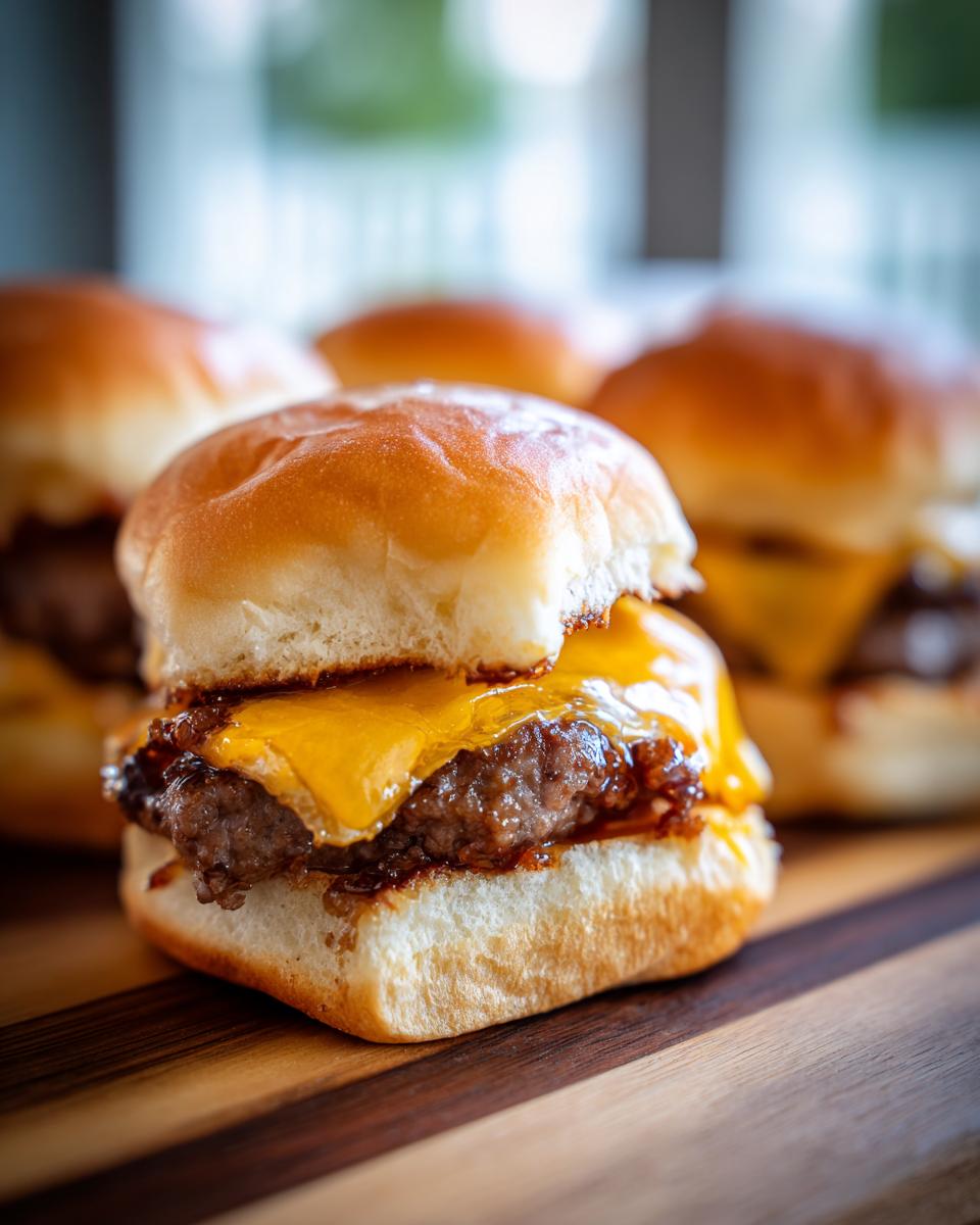 Close-up of a delicious cheeseburger slider with melted cheddar cheese and a juicy beef patty.