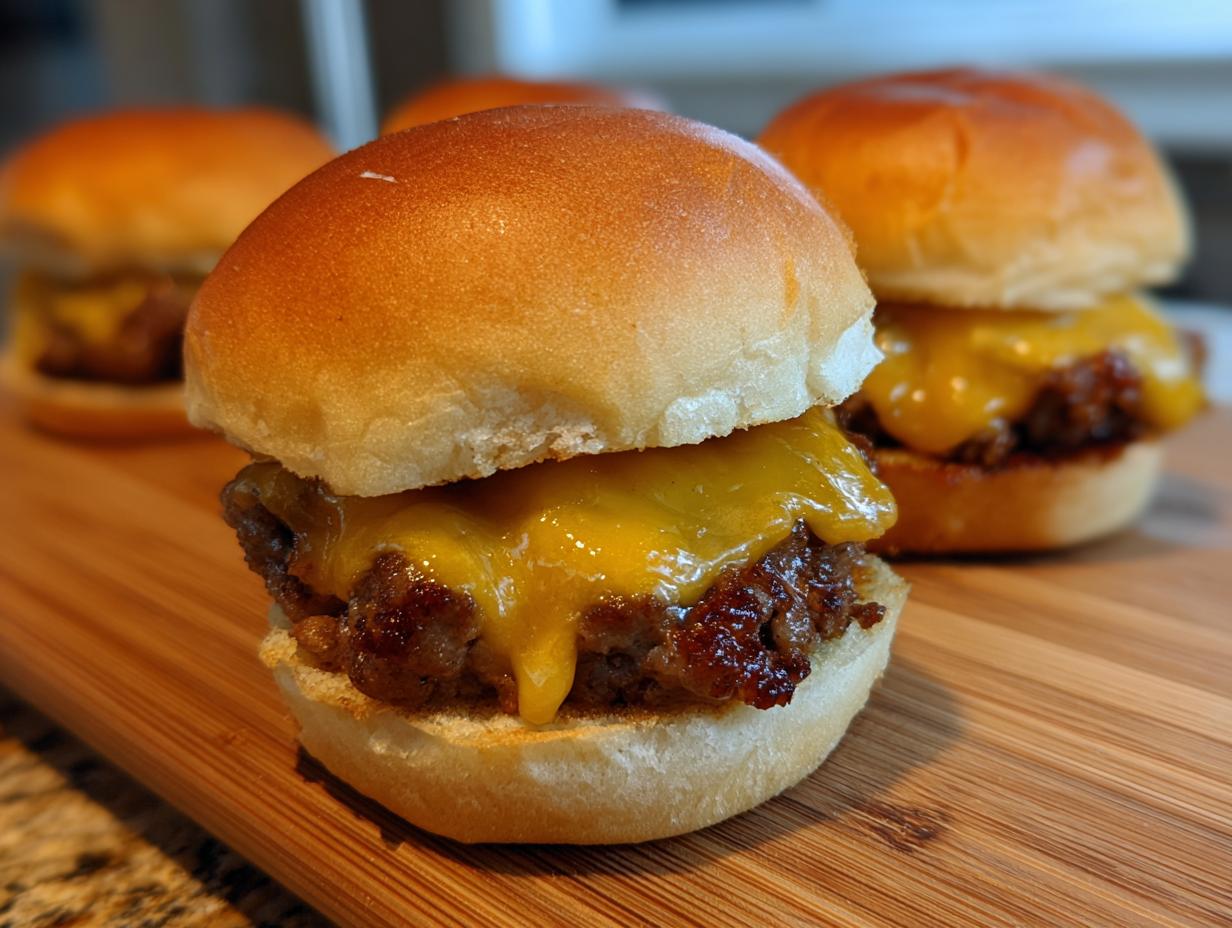 Close-up of delicious cheeseburger sliders with melted cheddar cheese on a wooden board.