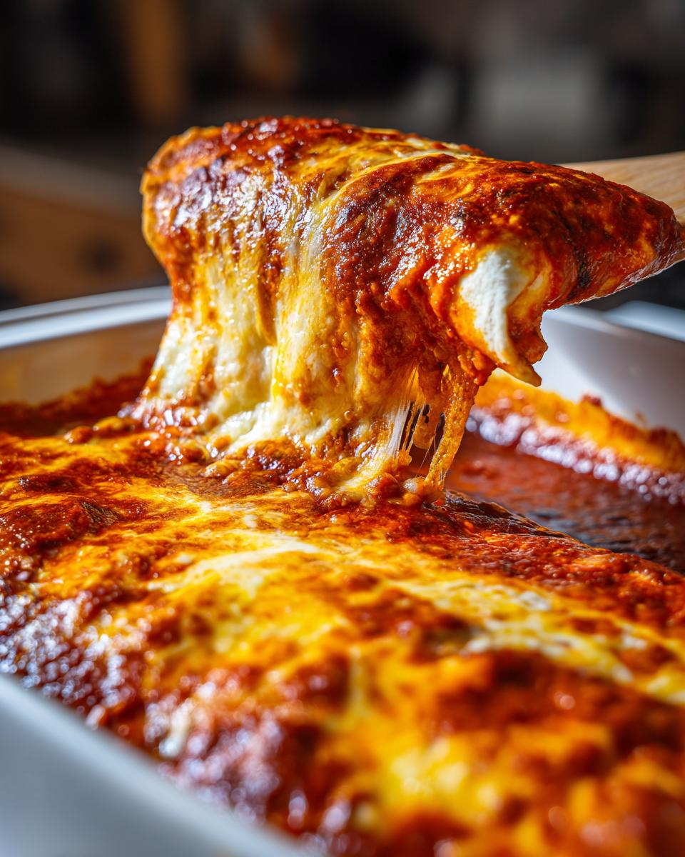 A serving spoon lifts a cheesy portion of chicken enchiladas from a pan, showing melted cheese strings.