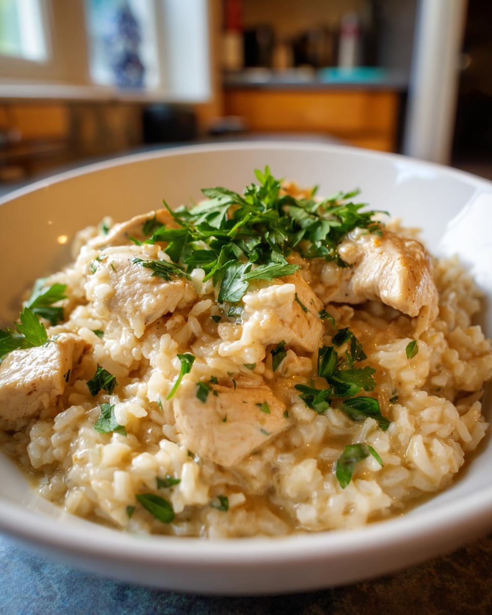 A close-up of a bowl of creamy chicken and rice casserole topped with fresh parsley.