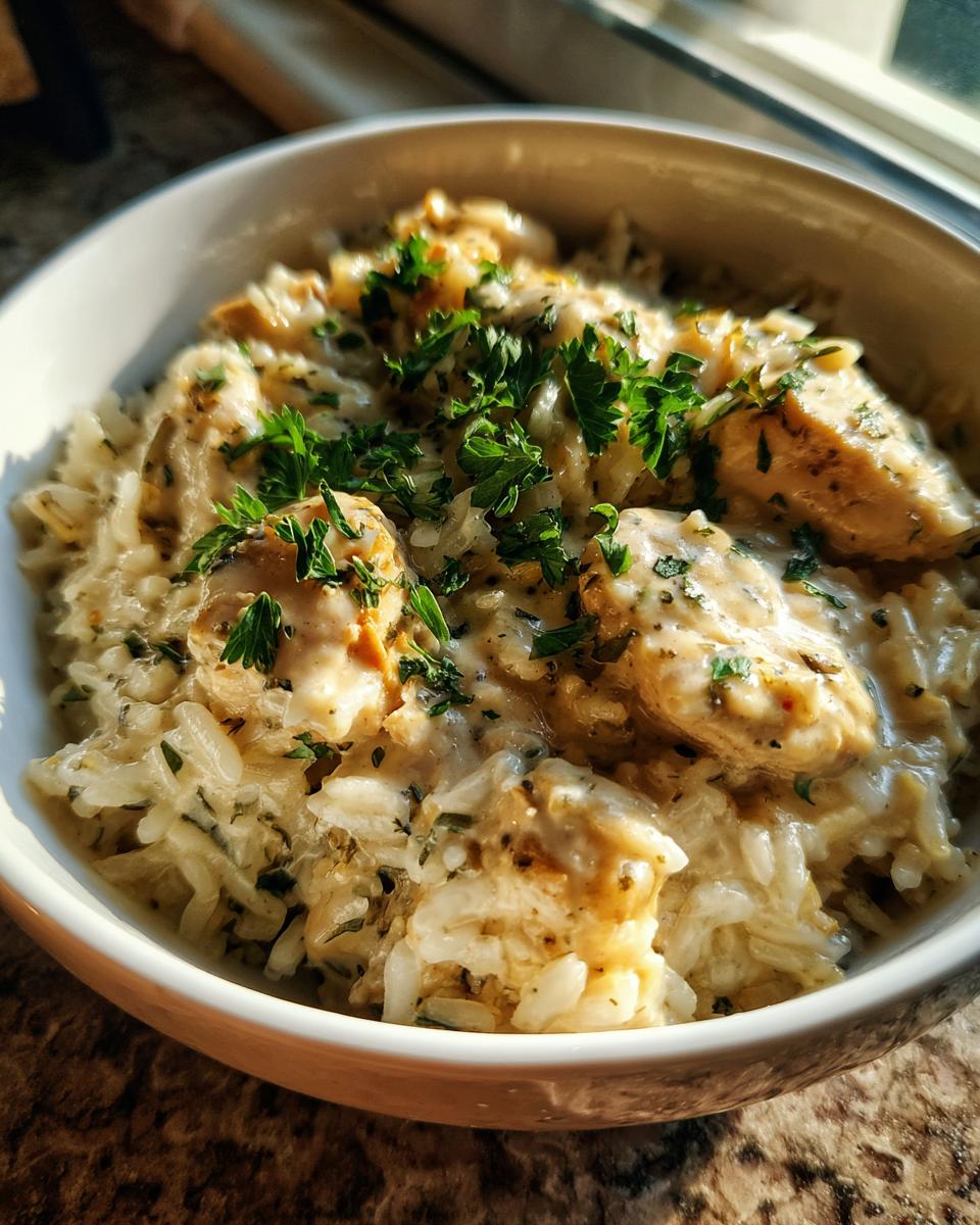 Close-up of creamy chicken and rice casserole topped with fresh parsley in a white bowl.