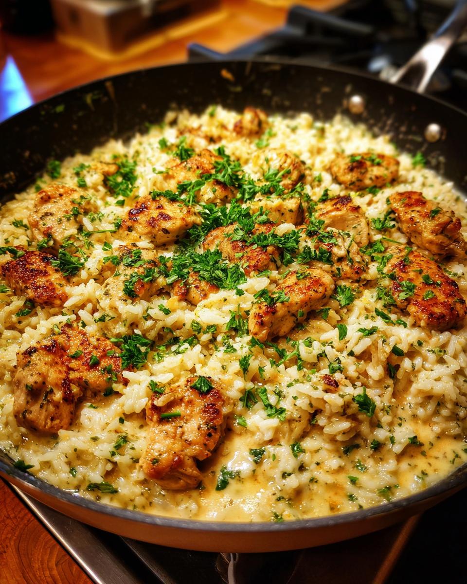 Close-up of a creamy chicken and rice casserole in a pan, topped with fresh parsley.