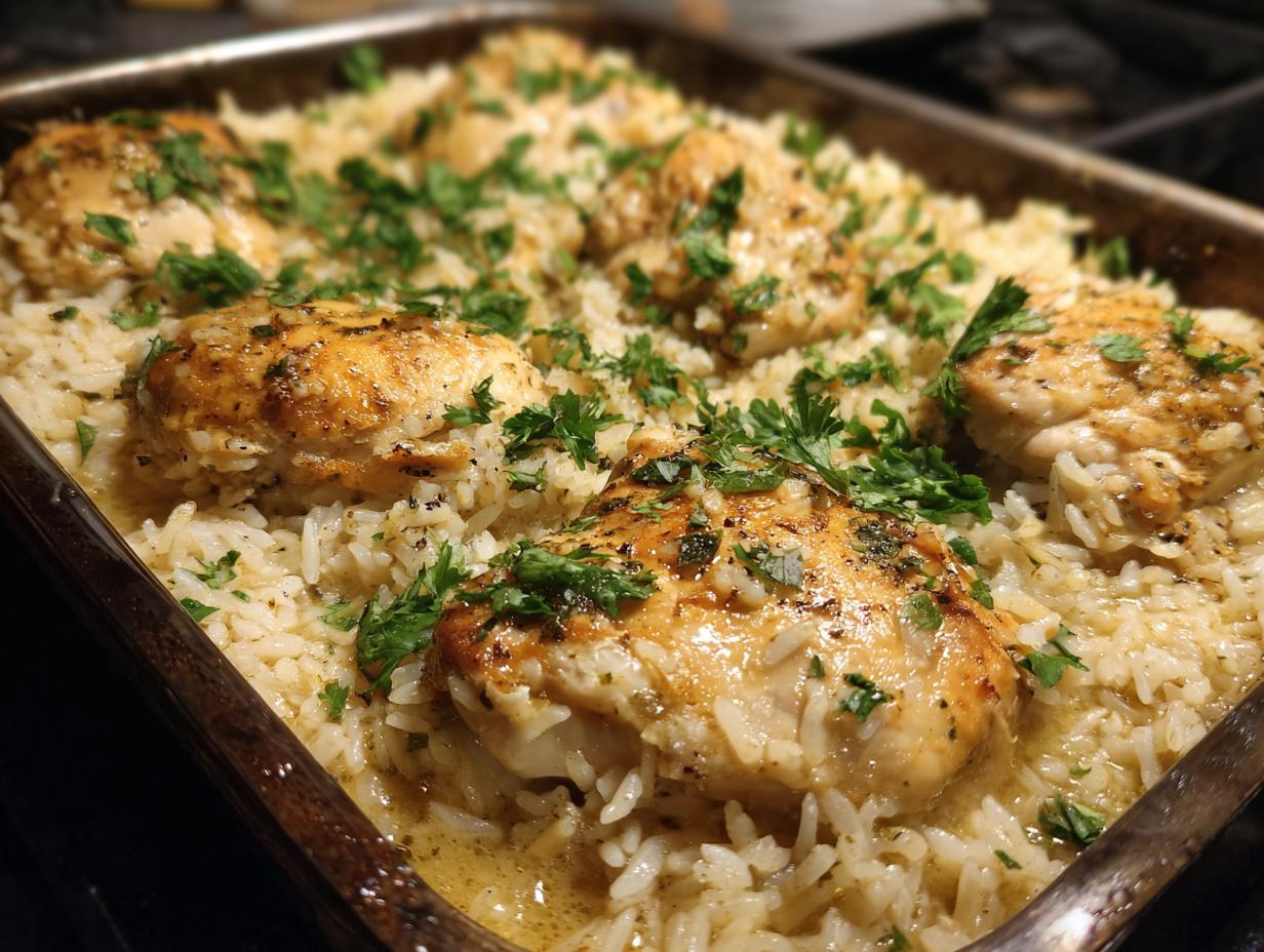 Close-up of a golden brown chicken and rice casserole in a baking pan, garnished with fresh parsley.