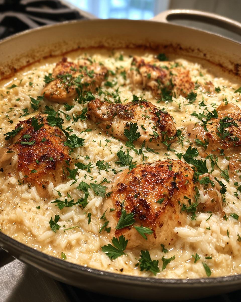 Close-up of a golden brown chicken and rice casserole, garnished with fresh parsley, in a cast-iron skillet.