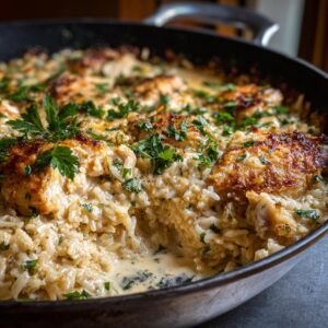 Close-up of a golden-brown chicken and rice casserole in a black skillet, garnished with fresh parsley.