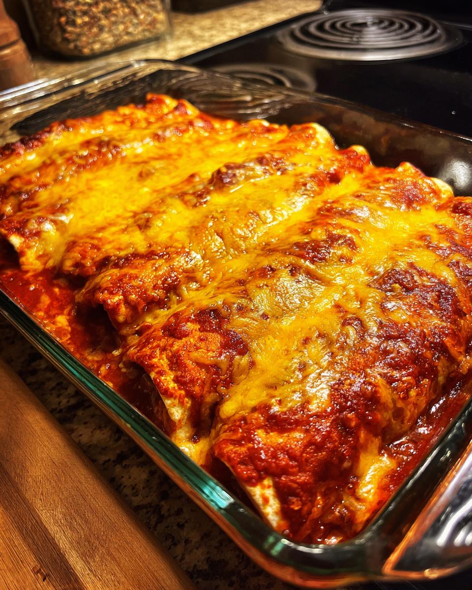 A close-up of bubbling chicken enchiladas covered in red sauce and melted cheese in a glass baking dish.