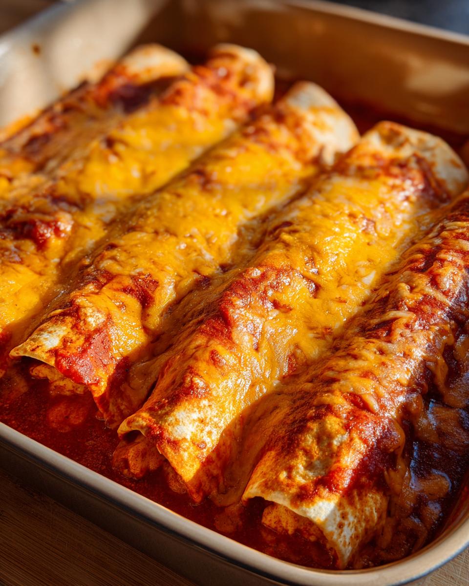 Close-up of baked chicken enchiladas topped with melted cheese and red sauce in a baking dish.