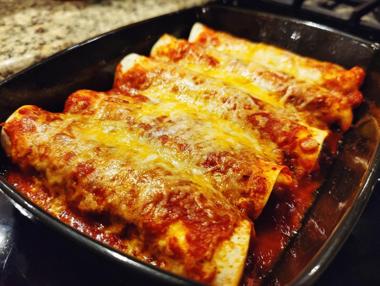 Close-up of baked chicken enchiladas covered in melted cheese and red enchilada sauce in a glass baking dish.